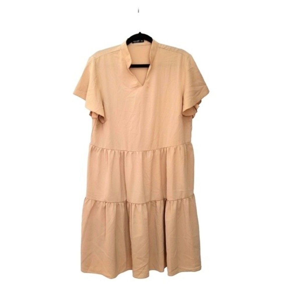 SHEIN Curve Split Neck Tiered Ruffle Sleeve Dress Tan Size 0XL   4 0128